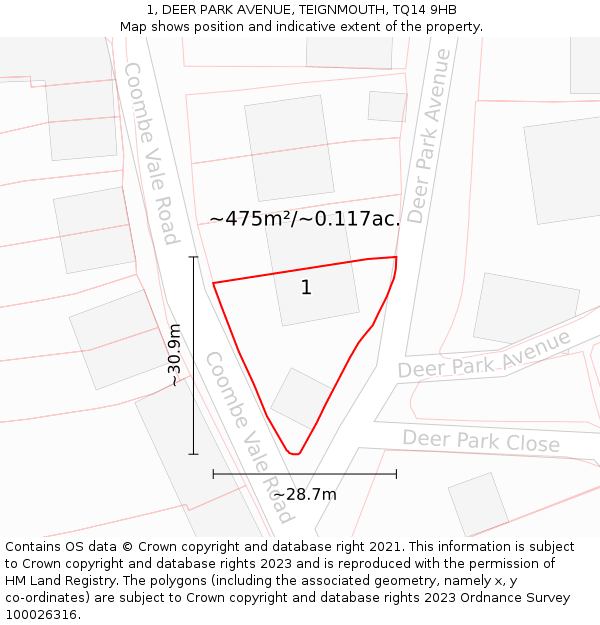 1, DEER PARK AVENUE, TEIGNMOUTH, TQ14 9HB: Plot and title map