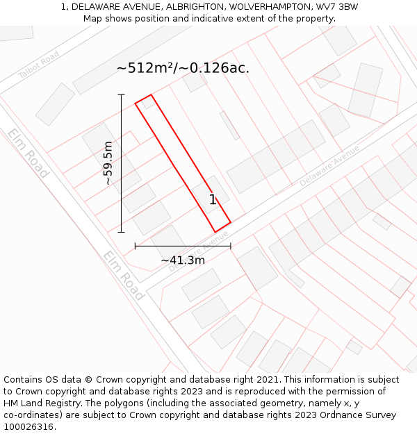 1, DELAWARE AVENUE, ALBRIGHTON, WOLVERHAMPTON, WV7 3BW: Plot and title map