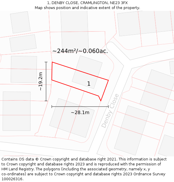 1, DENBY CLOSE, CRAMLINGTON, NE23 3FX: Plot and title map