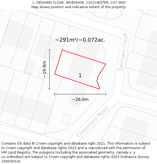 1, DENHAM CLOSE, WIVENHOE, COLCHESTER, CO7 9NS: Plot and title map