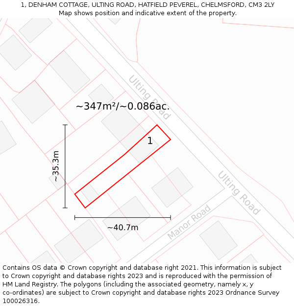 1, DENHAM COTTAGE, ULTING ROAD, HATFIELD PEVEREL, CHELMSFORD, CM3 2LY: Plot and title map