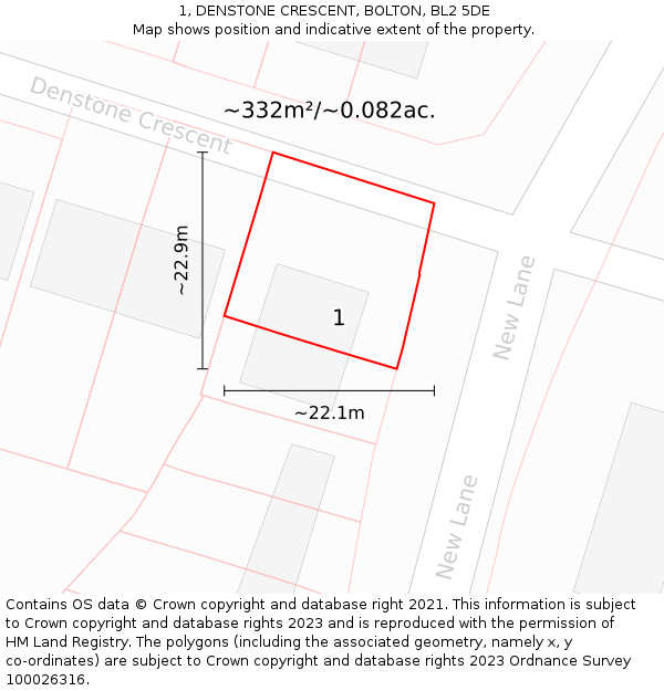 1, DENSTONE CRESCENT, BOLTON, BL2 5DE: Plot and title map