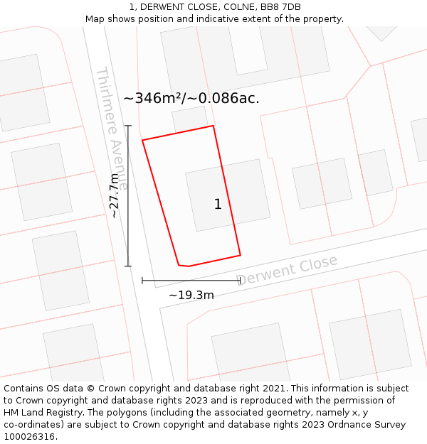 1, DERWENT CLOSE, COLNE, BB8 7DB: Plot and title map