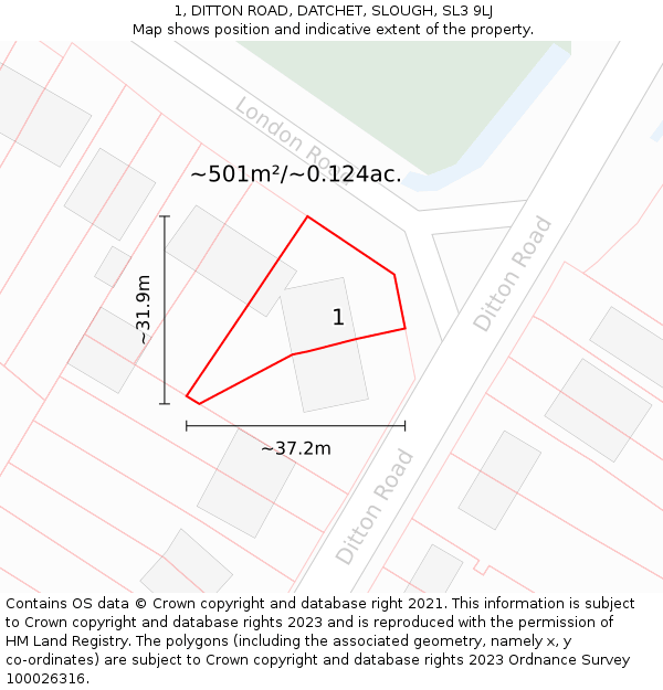 1, DITTON ROAD, DATCHET, SLOUGH, SL3 9LJ: Plot and title map