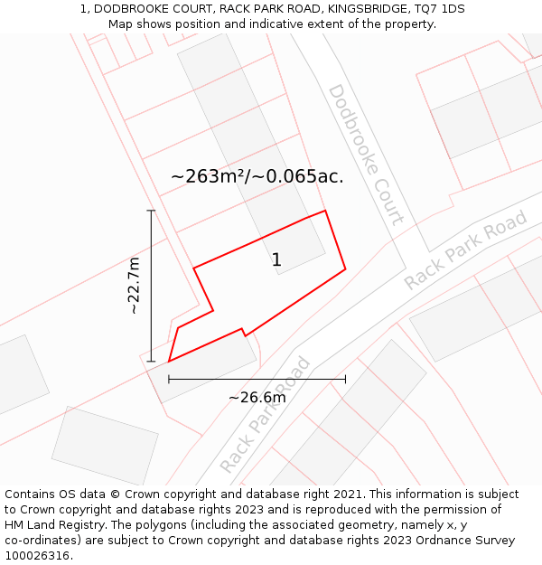 1, DODBROOKE COURT, RACK PARK ROAD, KINGSBRIDGE, TQ7 1DS: Plot and title map