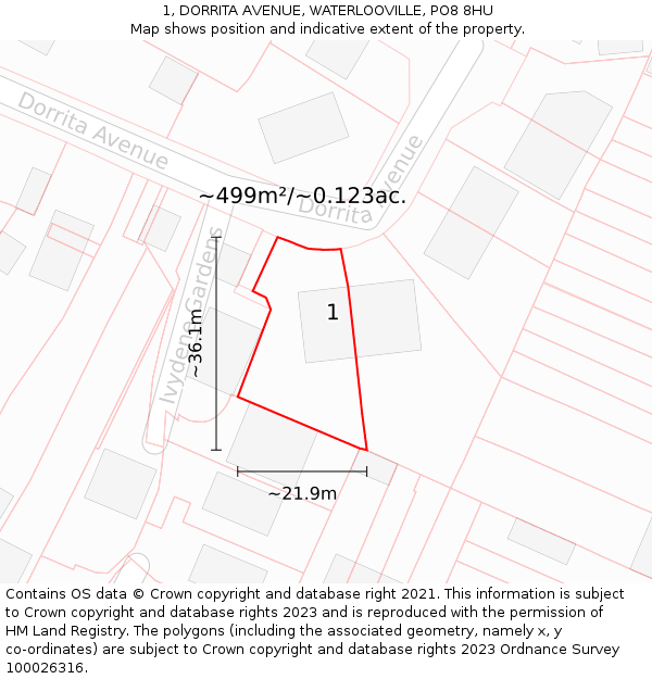 1, DORRITA AVENUE, WATERLOOVILLE, PO8 8HU: Plot and title map