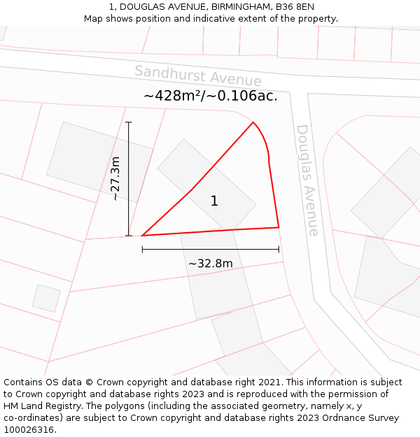 1, DOUGLAS AVENUE, BIRMINGHAM, B36 8EN: Plot and title map