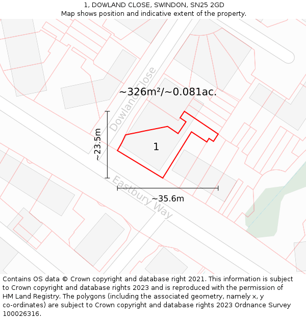 1, DOWLAND CLOSE, SWINDON, SN25 2GD: Plot and title map