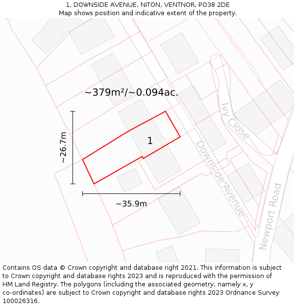 1, DOWNSIDE AVENUE, NITON, VENTNOR, PO38 2DE: Plot and title map