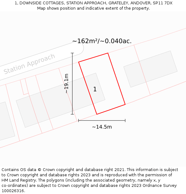 1, DOWNSIDE COTTAGES, STATION APPROACH, GRATELEY, ANDOVER, SP11 7DX: Plot and title map