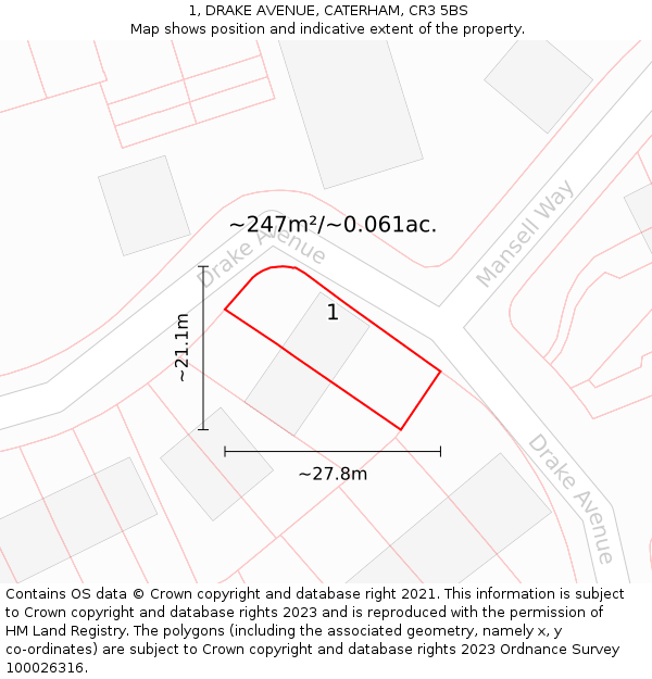 1, DRAKE AVENUE, CATERHAM, CR3 5BS: Plot and title map