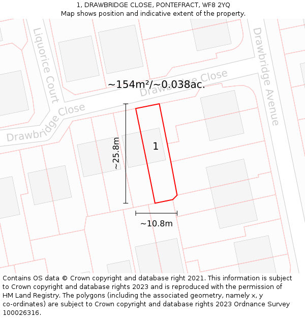 1, DRAWBRIDGE CLOSE, PONTEFRACT, WF8 2YQ: Plot and title map