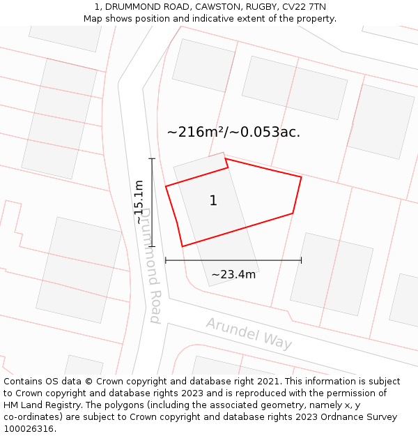 1, DRUMMOND ROAD, CAWSTON, RUGBY, CV22 7TN: Plot and title map