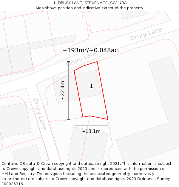 1, DRURY LANE, STEVENAGE, SG1 4RA: Plot and title map