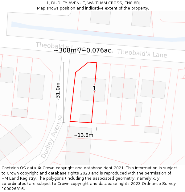 1, DUDLEY AVENUE, WALTHAM CROSS, EN8 8RJ: Plot and title map
