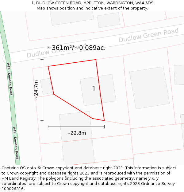1, DUDLOW GREEN ROAD, APPLETON, WARRINGTON, WA4 5DS: Plot and title map