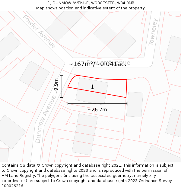 1, DUNMOW AVENUE, WORCESTER, WR4 0NR: Plot and title map