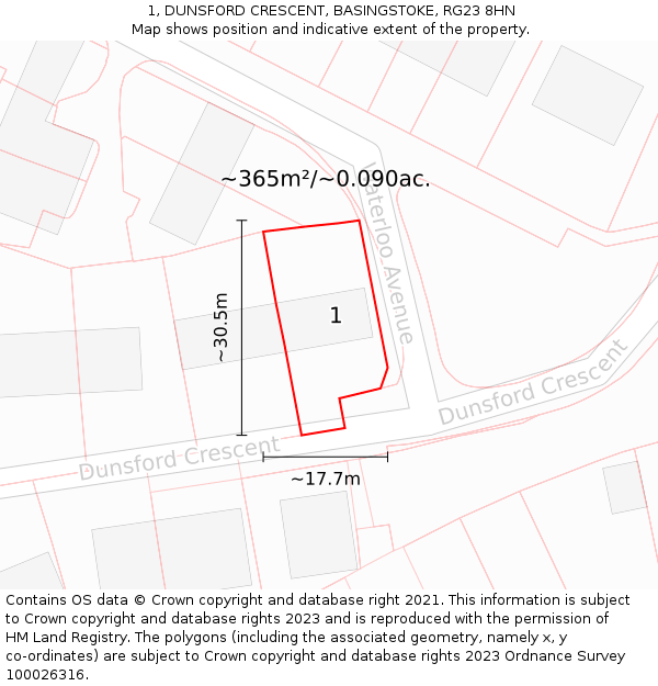 1, DUNSFORD CRESCENT, BASINGSTOKE, RG23 8HN: Plot and title map