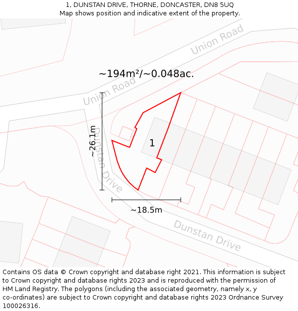 1, DUNSTAN DRIVE, THORNE, DONCASTER, DN8 5UQ: Plot and title map