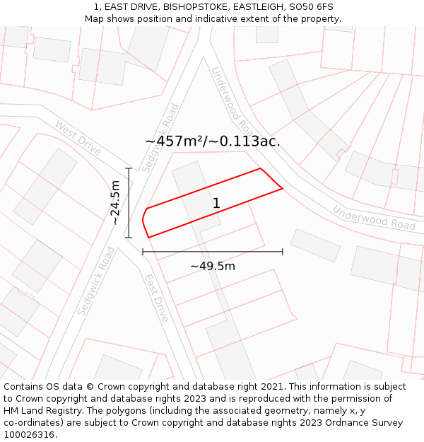 1, EAST DRIVE, BISHOPSTOKE, EASTLEIGH, SO50 6FS: Plot and title map