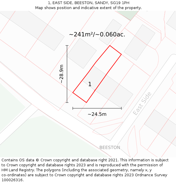 1, EAST SIDE, BEESTON, SANDY, SG19 1PH: Plot and title map