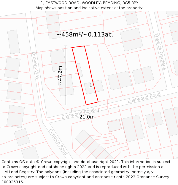 1, EASTWOOD ROAD, WOODLEY, READING, RG5 3PY: Plot and title map