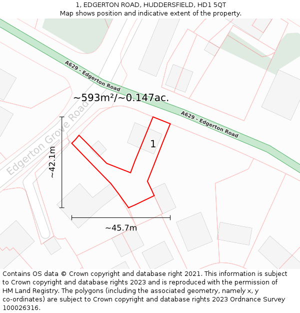 1, EDGERTON ROAD, HUDDERSFIELD, HD1 5QT: Plot and title map