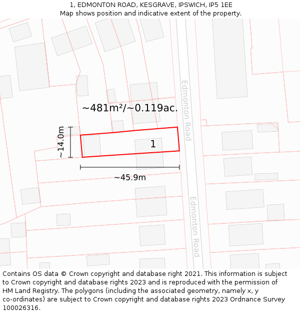 1, EDMONTON ROAD, KESGRAVE, IPSWICH, IP5 1EE: Plot and title map