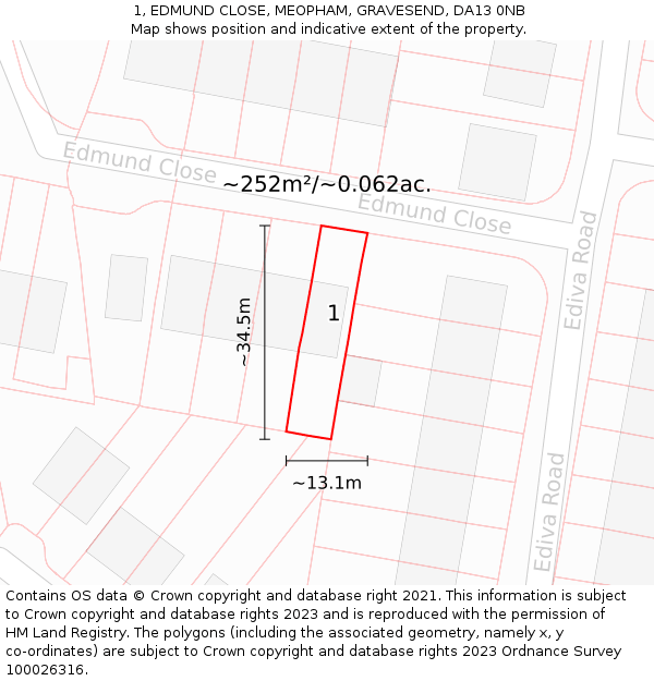 1, EDMUND CLOSE, MEOPHAM, GRAVESEND, DA13 0NB: Plot and title map