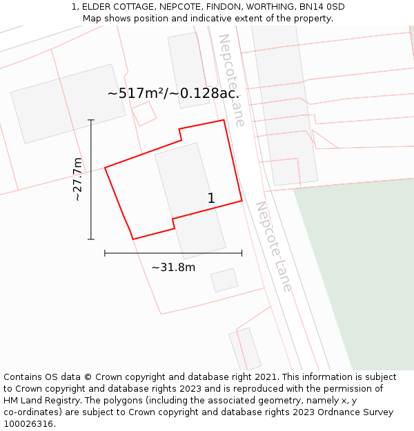 1, ELDER COTTAGE, NEPCOTE, FINDON, WORTHING, BN14 0SD: Plot and title map