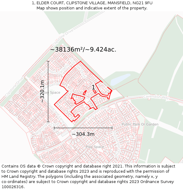 1, ELDER COURT, CLIPSTONE VILLAGE, MANSFIELD, NG21 9FU: Plot and title map