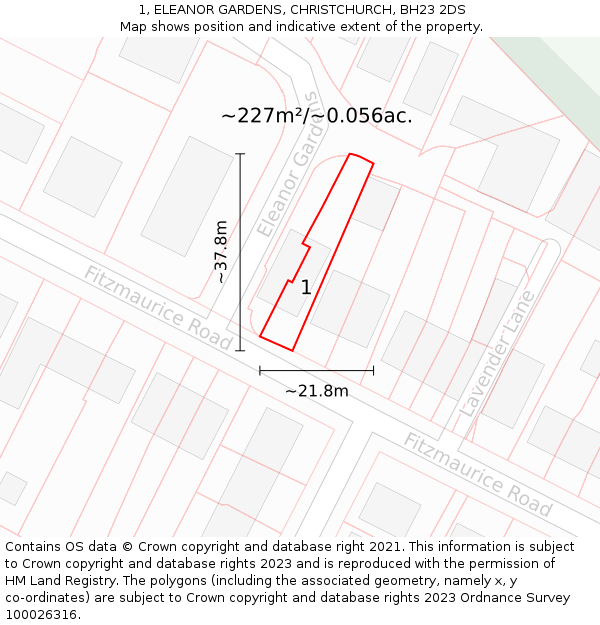 1, ELEANOR GARDENS, CHRISTCHURCH, BH23 2DS: Plot and title map