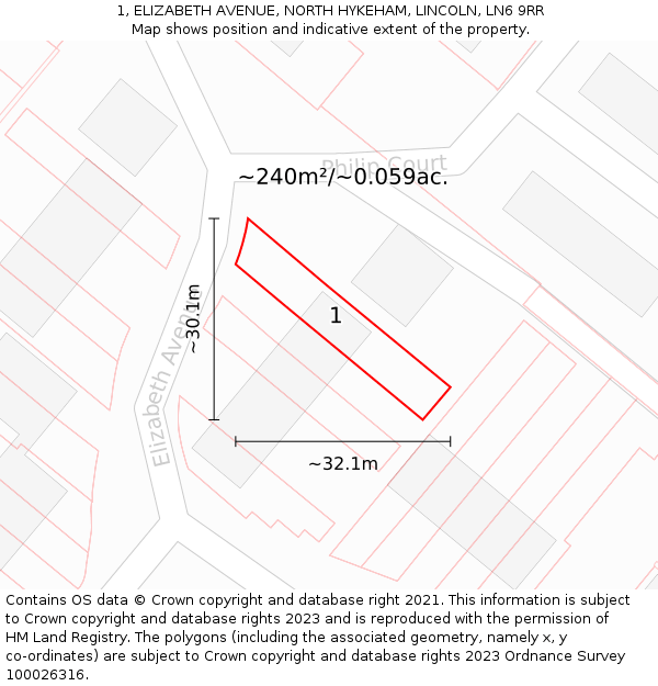 1, ELIZABETH AVENUE, NORTH HYKEHAM, LINCOLN, LN6 9RR: Plot and title map