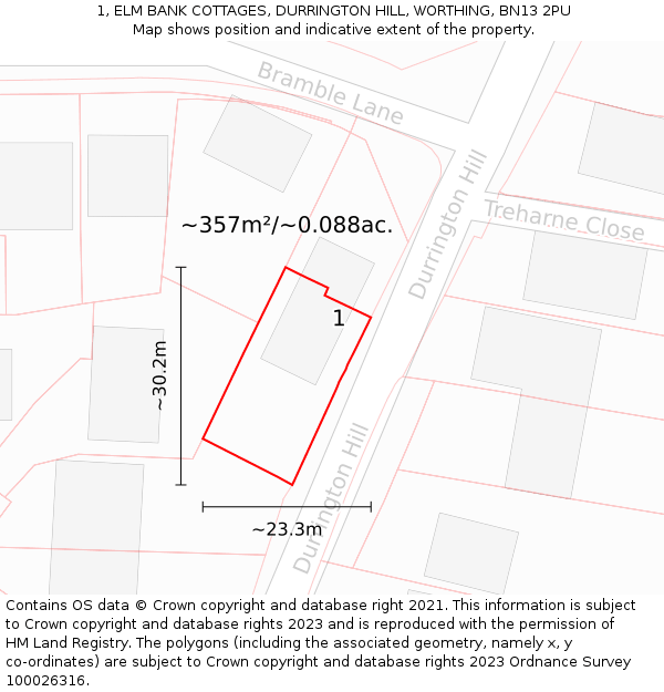 1, ELM BANK COTTAGES, DURRINGTON HILL, WORTHING, BN13 2PU: Plot and title map