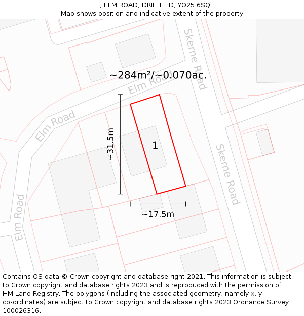 1, ELM ROAD, DRIFFIELD, YO25 6SQ: Plot and title map