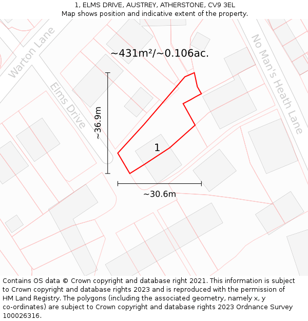 1, ELMS DRIVE, AUSTREY, ATHERSTONE, CV9 3EL: Plot and title map