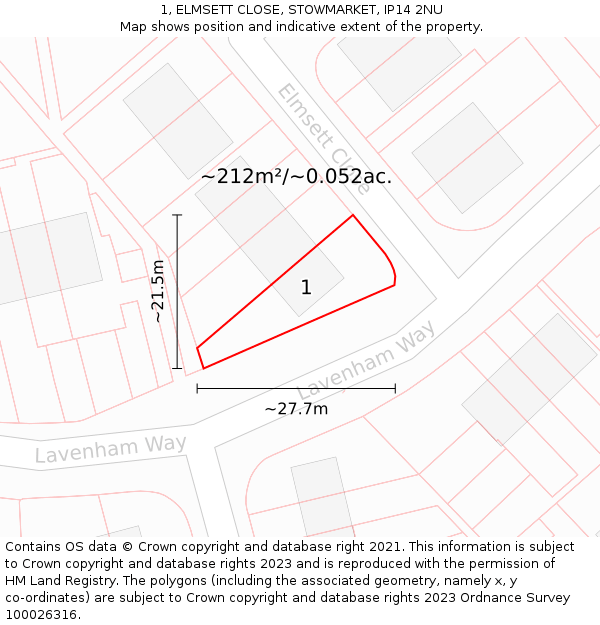 1, ELMSETT CLOSE, STOWMARKET, IP14 2NU: Plot and title map