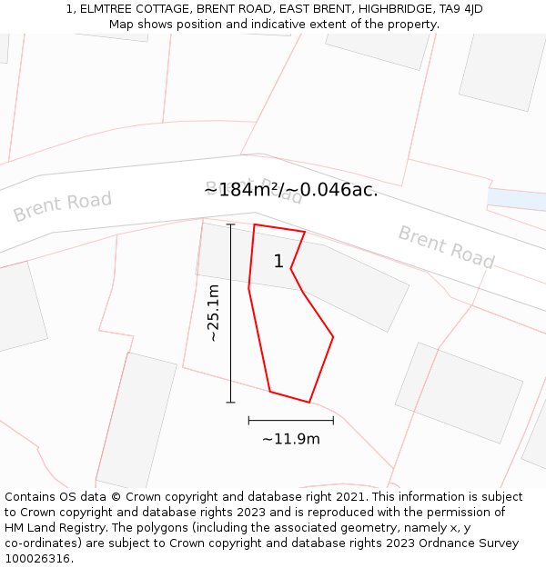 1, ELMTREE COTTAGE, BRENT ROAD, EAST BRENT, HIGHBRIDGE, TA9 4JD: Plot and title map