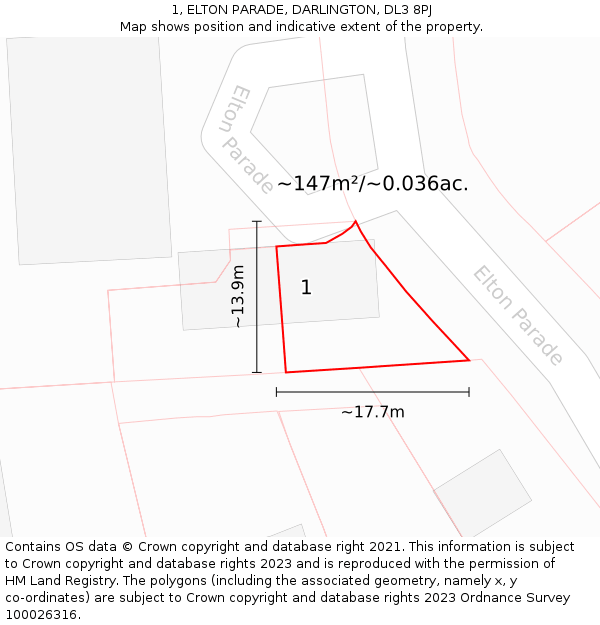 1, ELTON PARADE, DARLINGTON, DL3 8PJ: Plot and title map