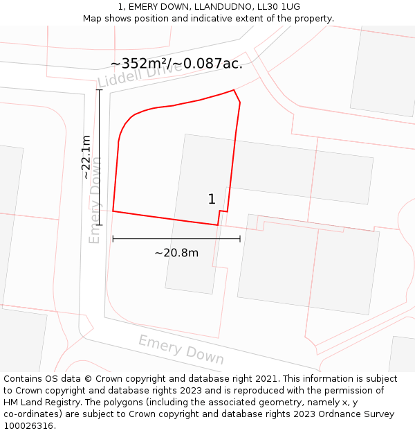 1, EMERY DOWN, LLANDUDNO, LL30 1UG: Plot and title map