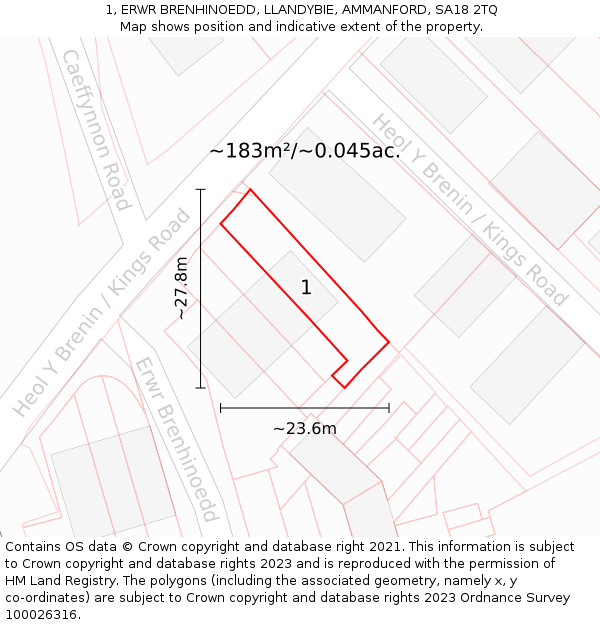 1, ERWR BRENHINOEDD, LLANDYBIE, AMMANFORD, SA18 2TQ: Plot and title map