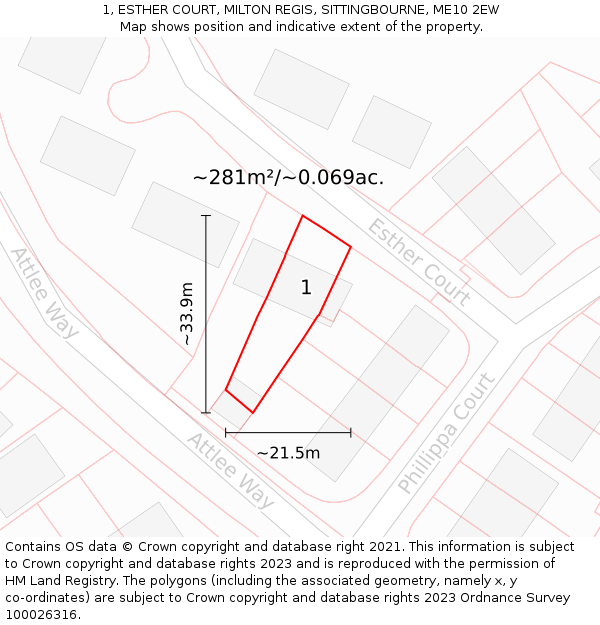 1, ESTHER COURT, MILTON REGIS, SITTINGBOURNE, ME10 2EW: Plot and title map