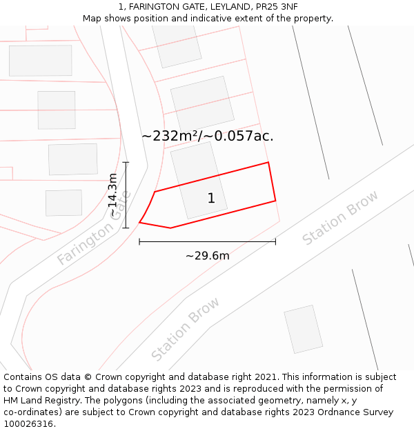 1, FARINGTON GATE, LEYLAND, PR25 3NF: Plot and title map