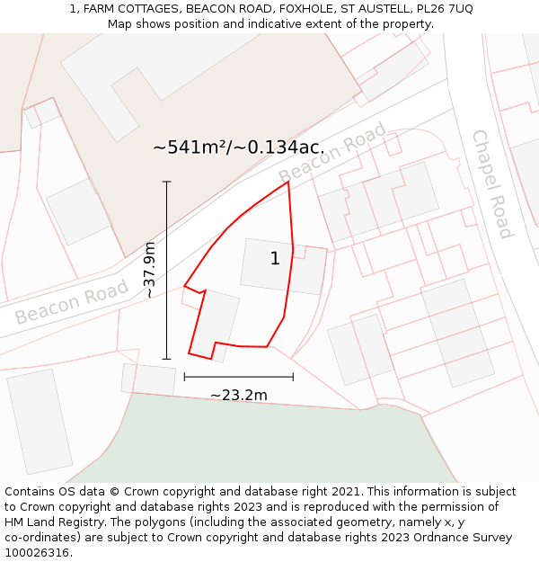 1, FARM COTTAGES, BEACON ROAD, FOXHOLE, ST AUSTELL, PL26 7UQ: Plot and title map