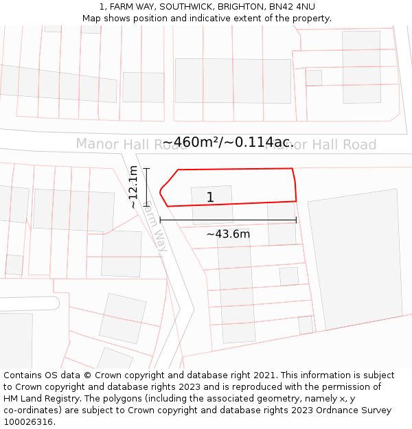 1, FARM WAY, SOUTHWICK, BRIGHTON, BN42 4NU: Plot and title map