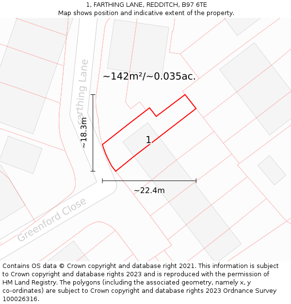 1, FARTHING LANE, REDDITCH, B97 6TE: Plot and title map