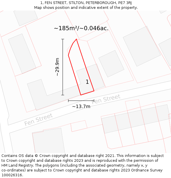 1, FEN STREET, STILTON, PETERBOROUGH, PE7 3RJ: Plot and title map