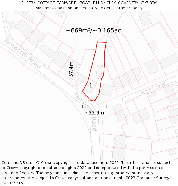 1, FERN COTTAGE, TAMWORTH ROAD, FILLONGLEY, COVENTRY, CV7 8DY: Plot and title map