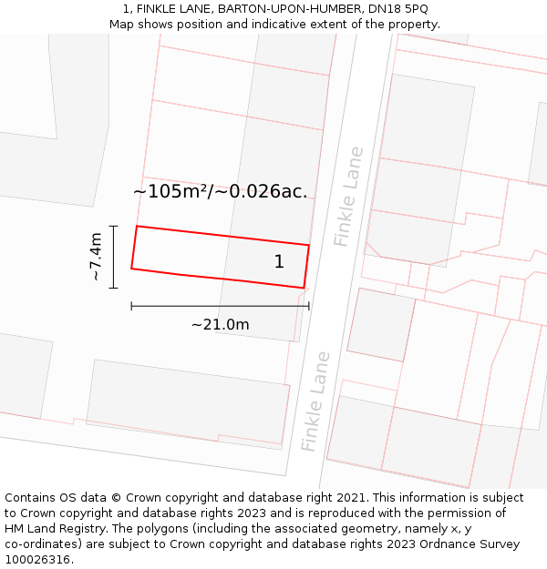 1, FINKLE LANE, BARTON-UPON-HUMBER, DN18 5PQ: Plot and title map