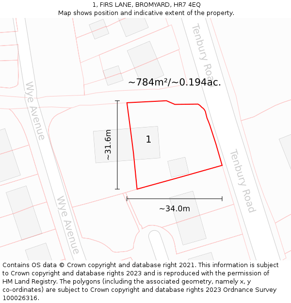 1, FIRS LANE, BROMYARD, HR7 4EQ: Plot and title map